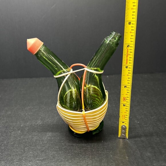 Vintage Conjoined Glass Oil and Vinegar Cruet Bottle Decanter Green 5.5'' Tall - Picture 6 of 8